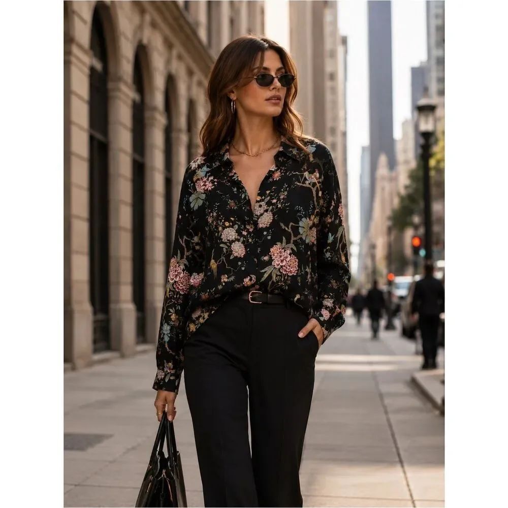 H&M Black and Pink Boxy Blouse with Notched Collar